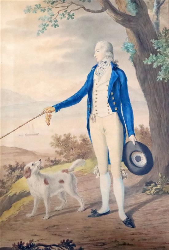 Early 19th century English School Portrait of Hugh Hammersley, standing with a dog in a landscape 18.5 x 12.75in.